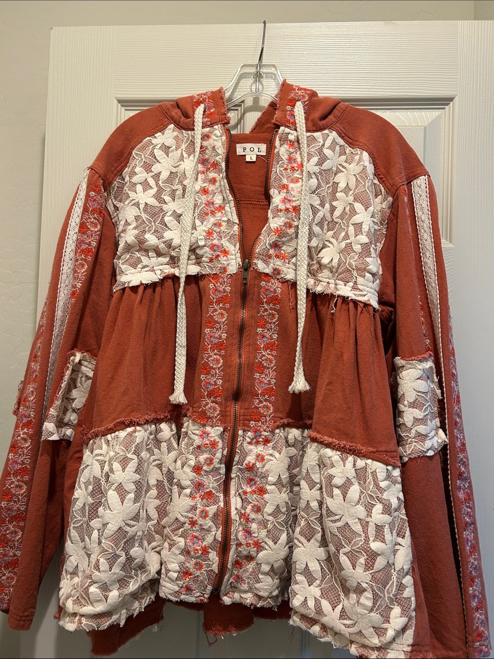 POL Rust/ Embroidered Zip Jacket with White Lace Panels. Beautifully made!